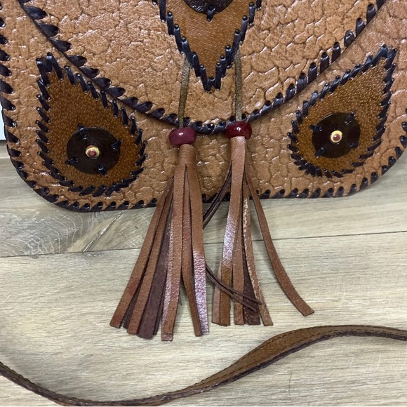Vintage Leather Western Style Shoulder Bag Brown Hippie Boho Tassel 70s Stiff - Picture 2 of 7